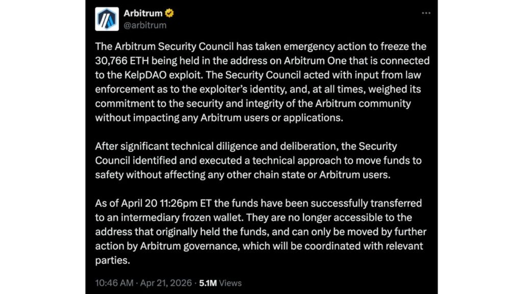 Arbitrum Security Council freeze announcement on X