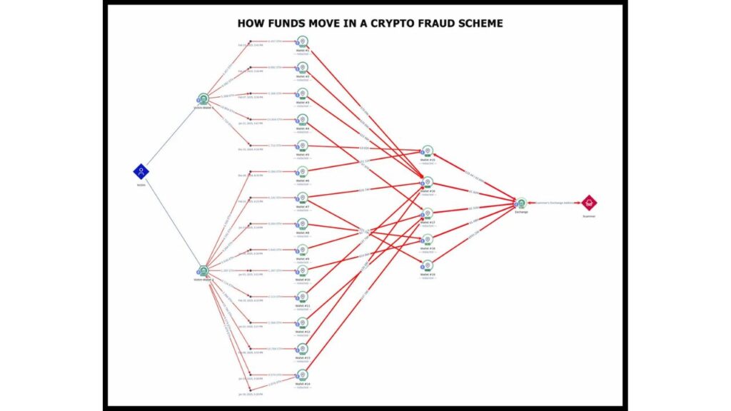 IRS diagram shows stolen crypto mixed and funneled — hard to trace.