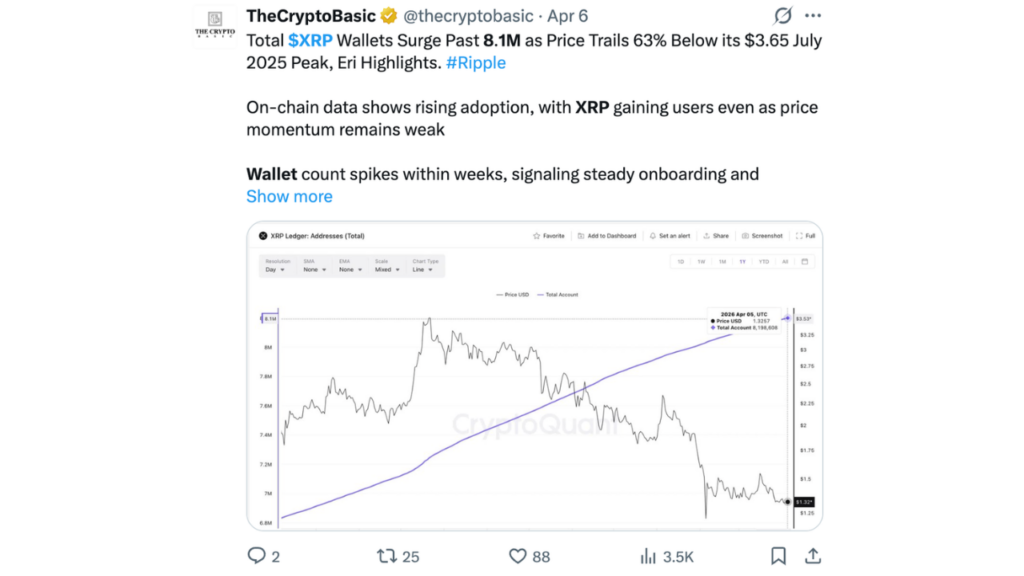 On-chain data shows rising adoption, with XRP gaining users even as price momentum remains weak