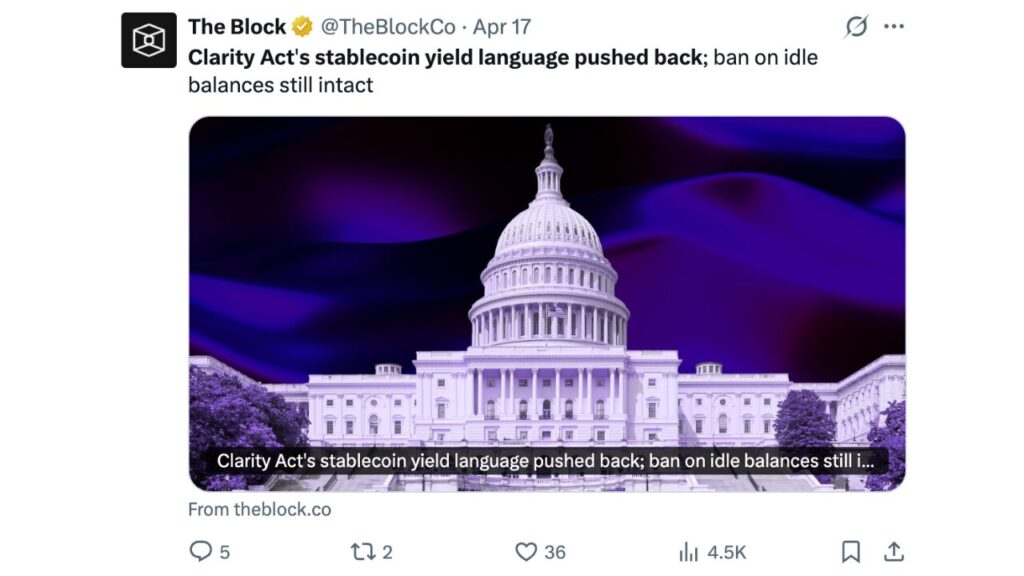 The CLARITY Act is delayed due to disputes over stablecoin yield between banks and the crypto industry.