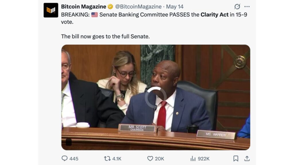 Senate Banking Committee PASSES the Clarity Act in 15-9 vote.