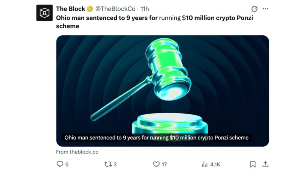 Ohio Man Sentenced to 9 Years for $10 Million Crypto Ponzi Scheme