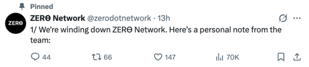 Ethereum Layer 2 Zero Network to Cease Operations After 1.5 Years
