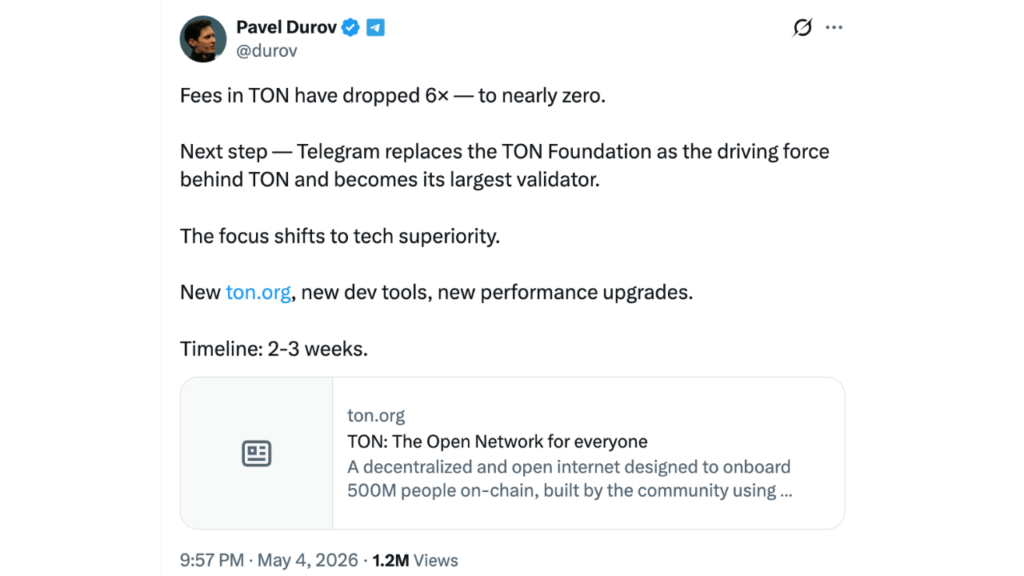 Pavel Durox announcement on X on May 04, 2026