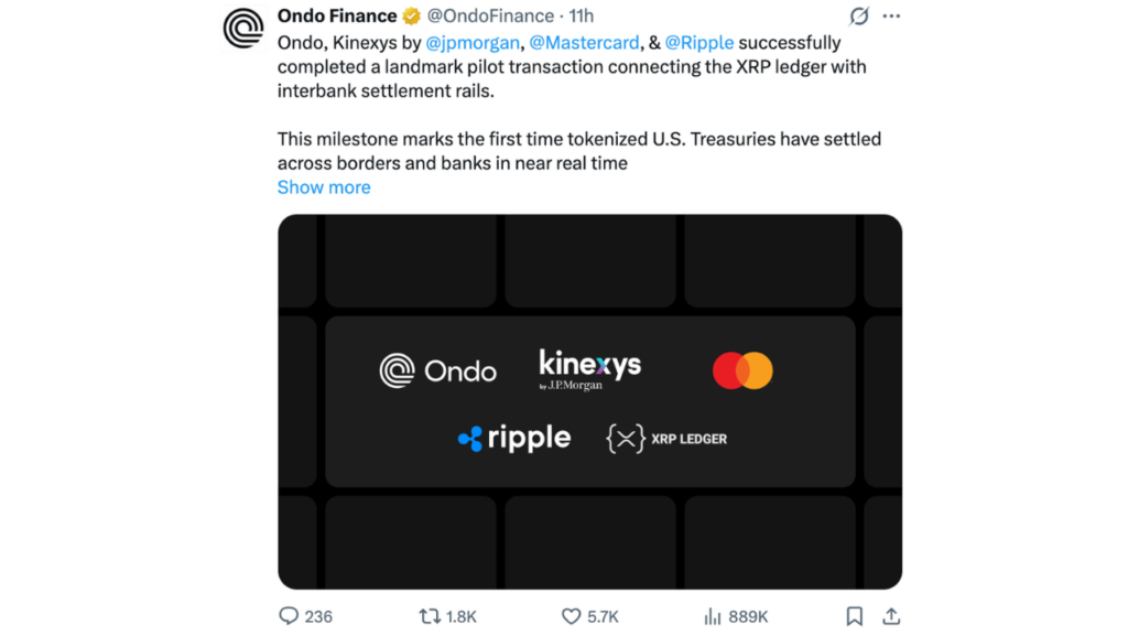 Ondo, Kinexys, Mastercard & Ripple complete first cross-border tokenized treasury redemption