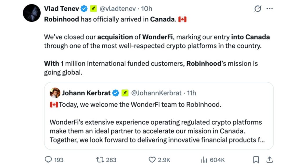 Robinhood Enters Canada as it Completes Acquisition of WonderFi