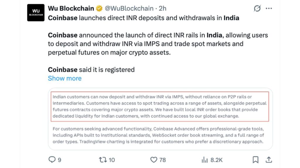 Coinbase Launches Direct INR Deposit and Withdrawal Rails in India