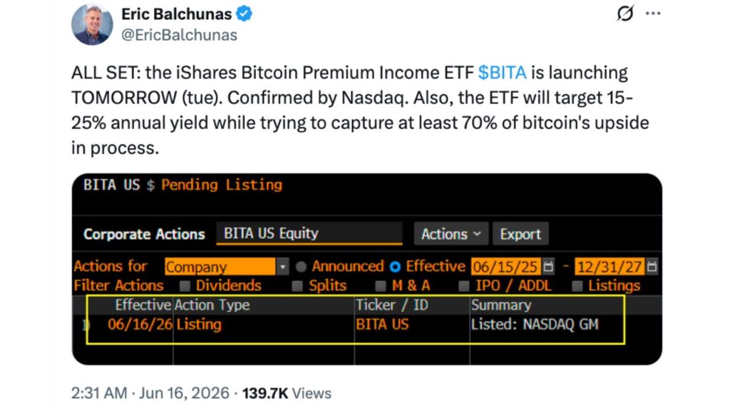 BlackRock’s Bitcoin income ETF BITA is launched today