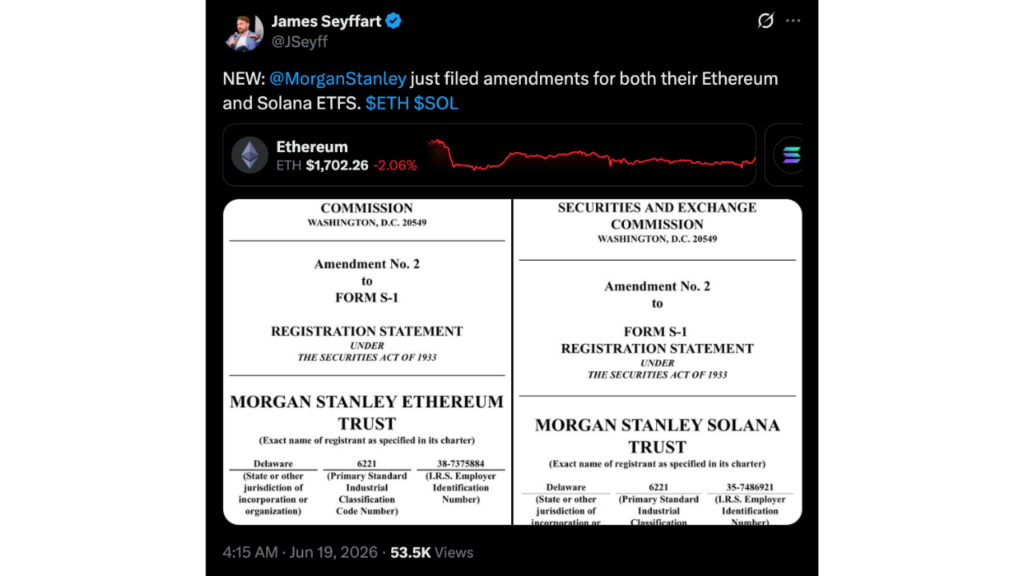 Morgan Stanley Files Low Fee Ethereum, Solana ETFs