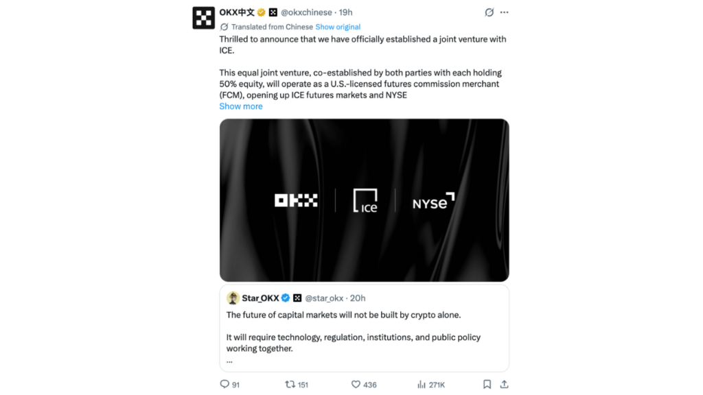 ICE and OKX Launch Joint Venture for Tokenized Markets