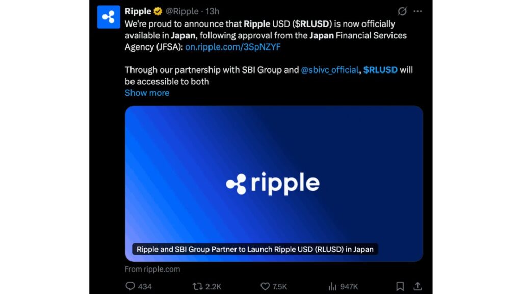 Ripple USD ($RLUSD) is now officially available in Japan
