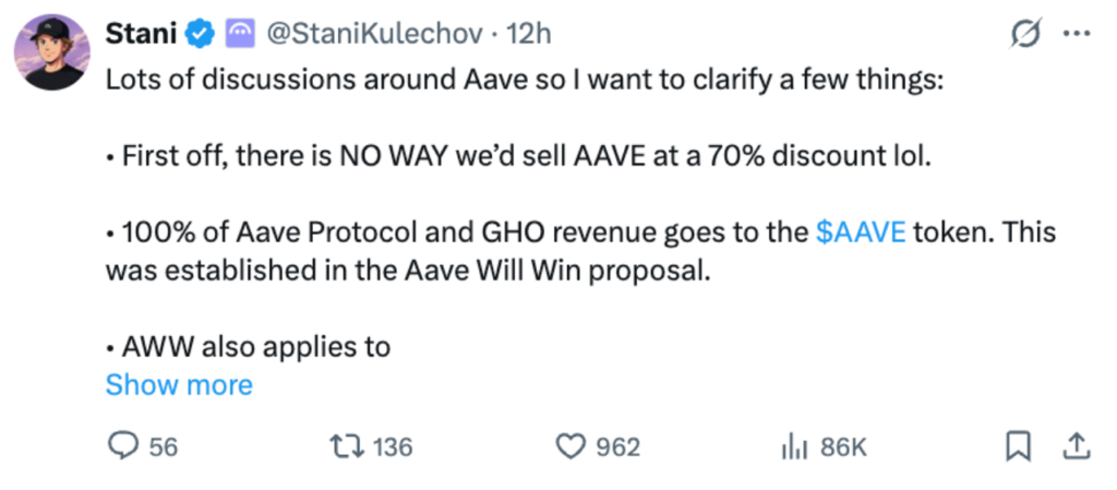 Aave founder Stani Kulechov dismisses rumors of selling $AAVE at a 70% discount
