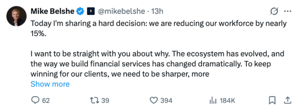 BitGo is cutting 15% of its workforce to focus on stablecoins, AI infrastructure, trading, settlement, and institutional crypto services.
