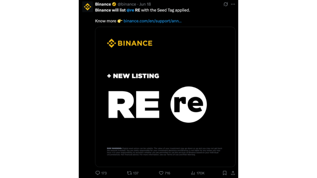 Binance Will List Re (RE)