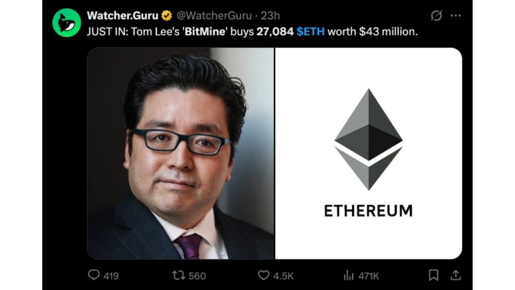 Tom Lee's BitMine Adds $43 Million in Ethereum