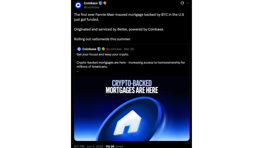Coinbase and Better Fund First Fannie Mae-Backed Bitcoin Mortgage
