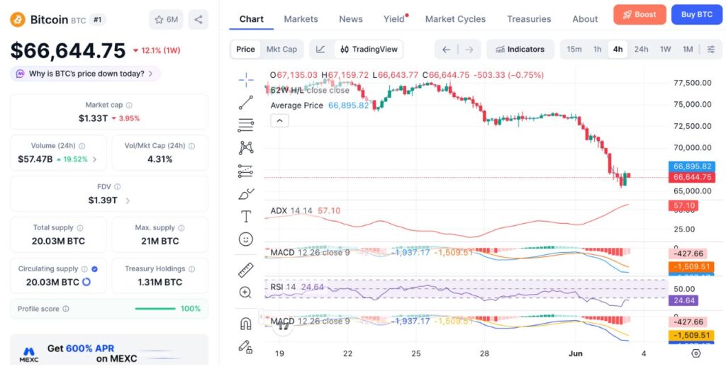 Bitcoin (BTC) Price Chart Today (Source: CoinMarketCap)