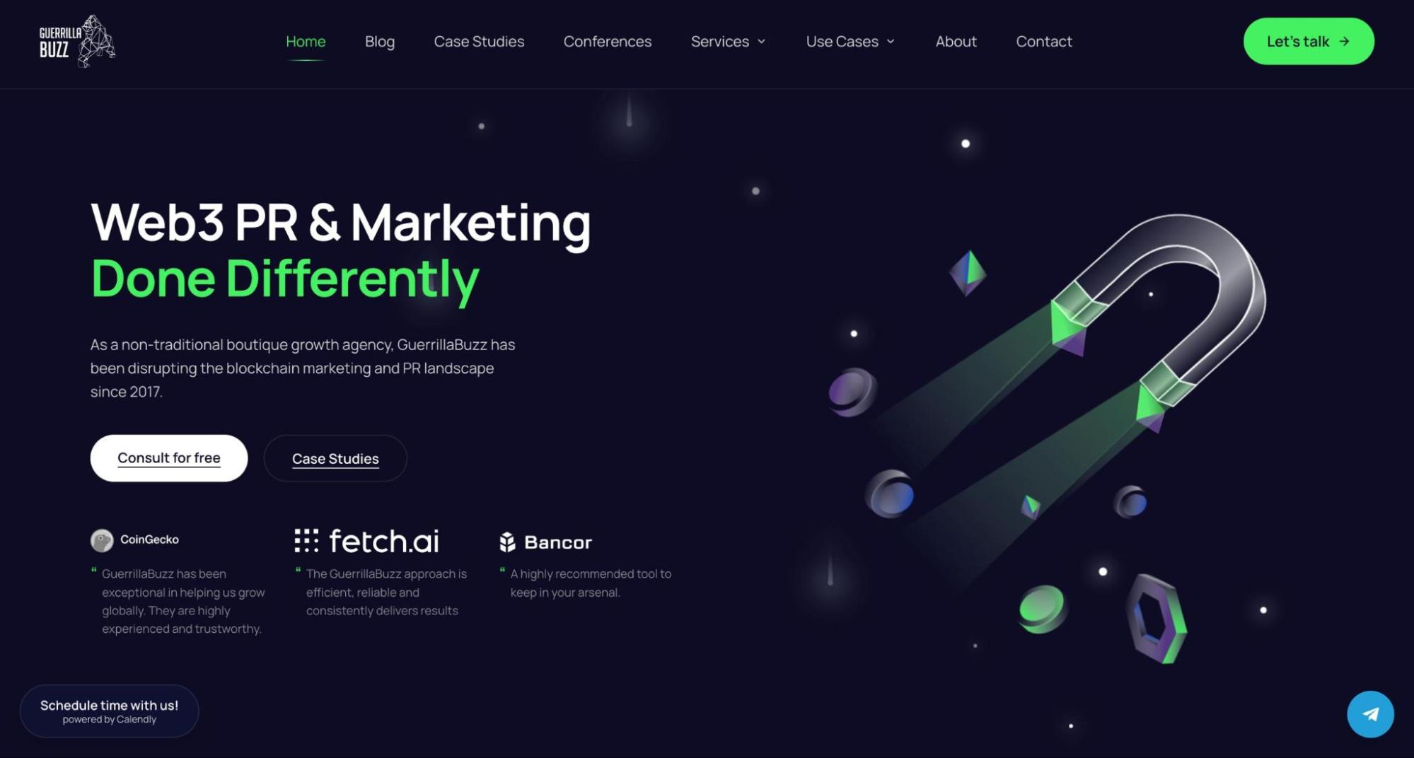 GuerrillaBuzz marketing agency homepage featuring client testimonials from CoinGecko, Fetch.ai, and Bancor