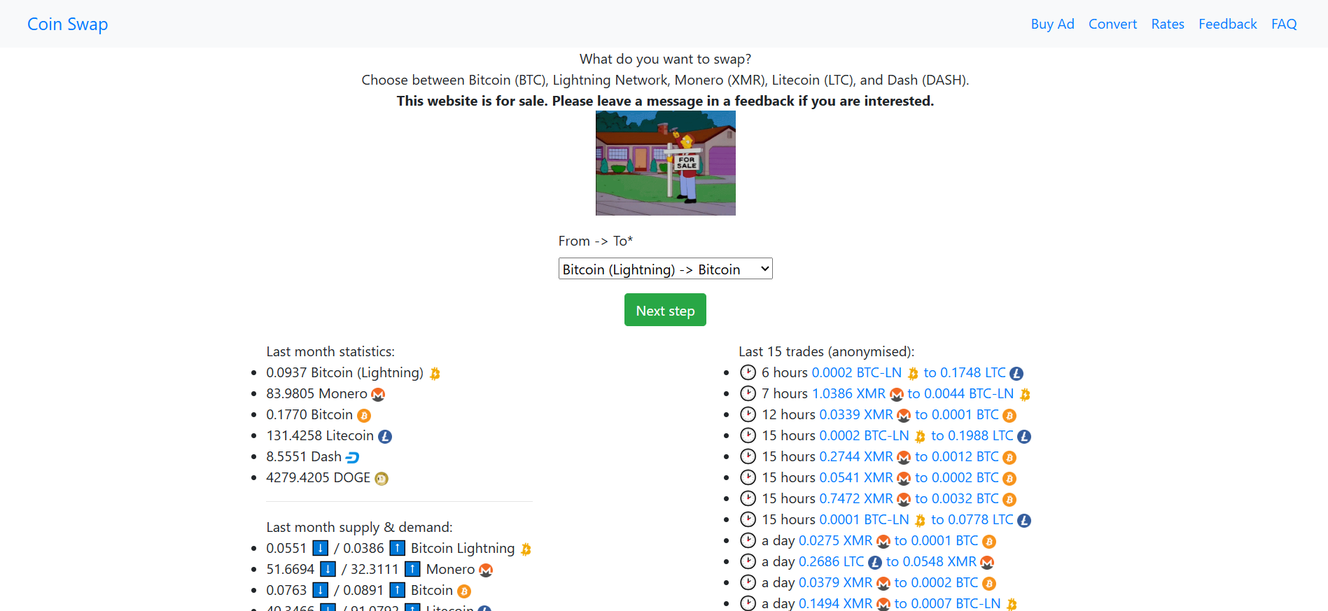 CoinSwap no-registration exchange interface for Bitcoin Lightning, Monero, Litecoin and Dash swaps with anonymised recent trade data.