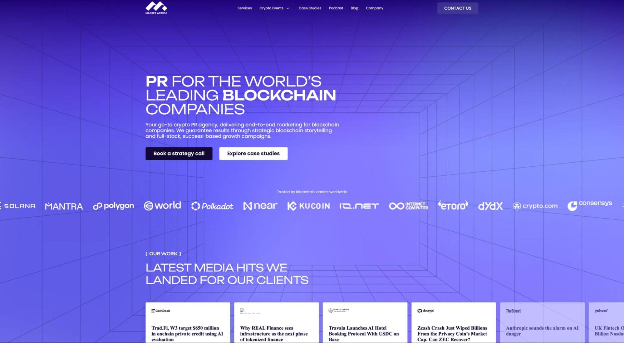 MarketAcross blockchain PR agency homepage showcasing crypto marketing services, blockchain public relations, media outreach campaigns, and partnerships with leading Web3 companies including Solana, Polygon, Near, and Consensys.