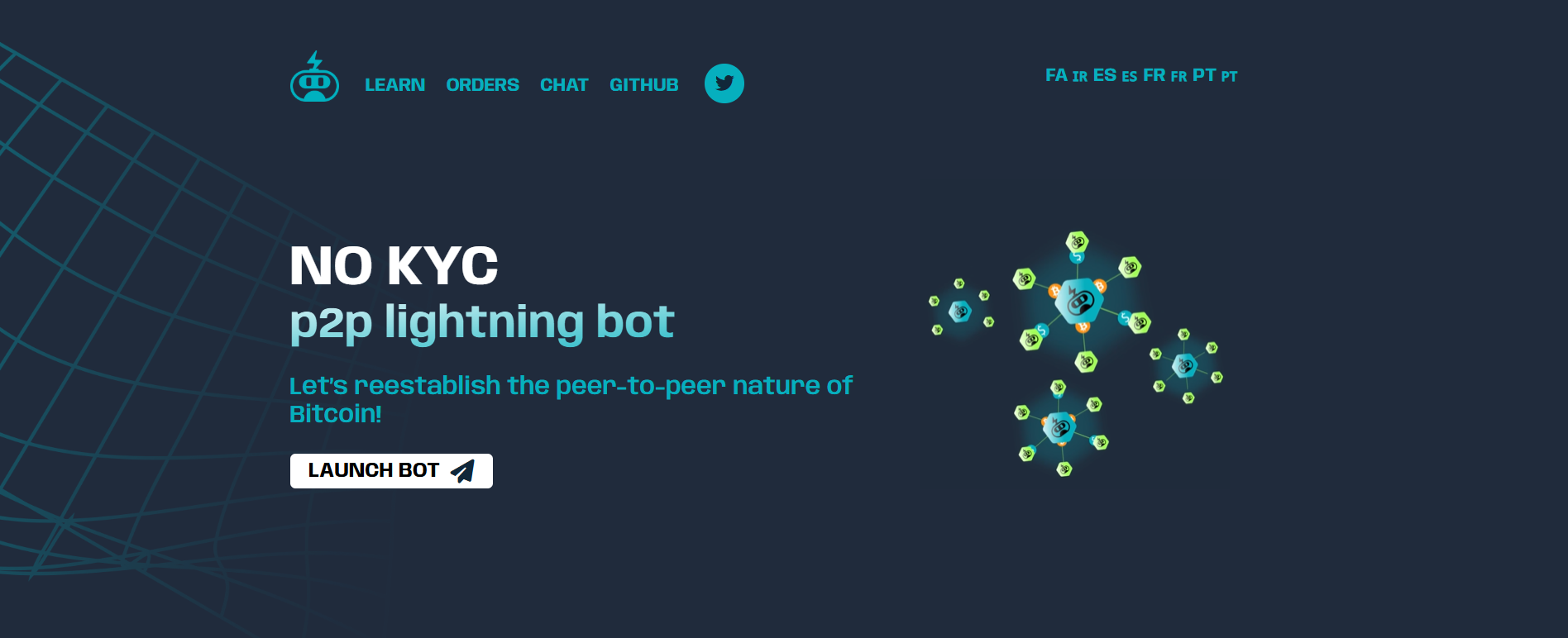lnp2pbot no-KYC P2P Lightning bot homepage — anonymous Bitcoin trading via Telegram with instant Lightning Network settlement.