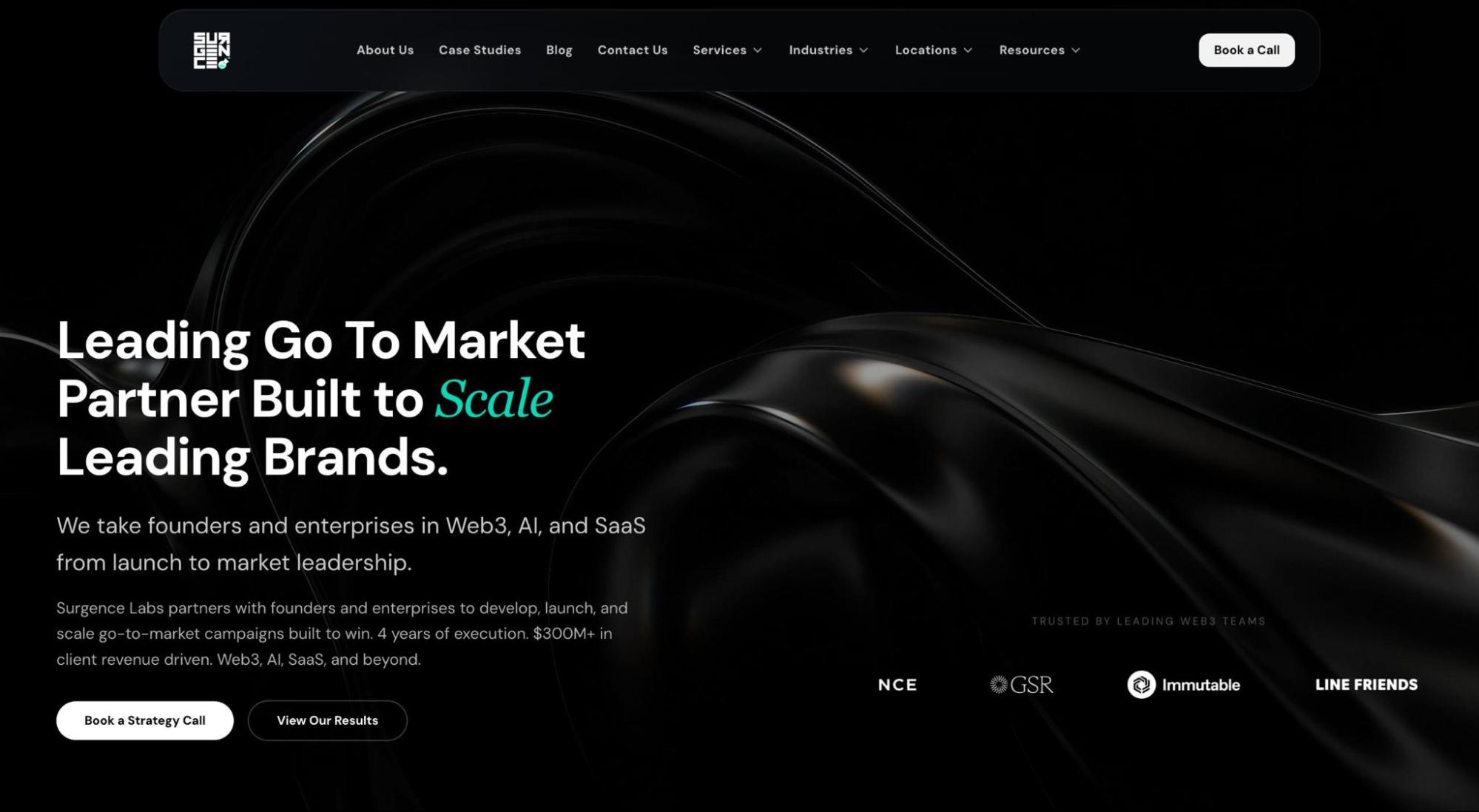 Surgence Labs go-to-market agency homepage with a dark-themed hero banner highlighting Web3, AI, and SaaS marketing services, enterprise growth strategy, and client brand partnerships.