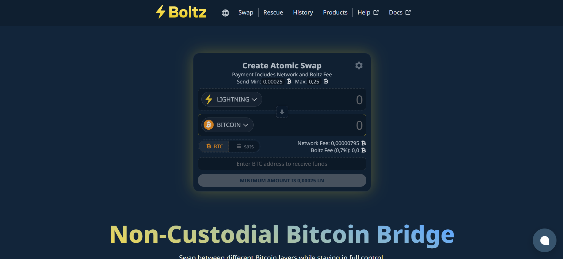 Boltz non-custodial Bitcoin bridge showing Lightning to on-chain atomic swap interface with fee breakdown — no KYC, no account required.