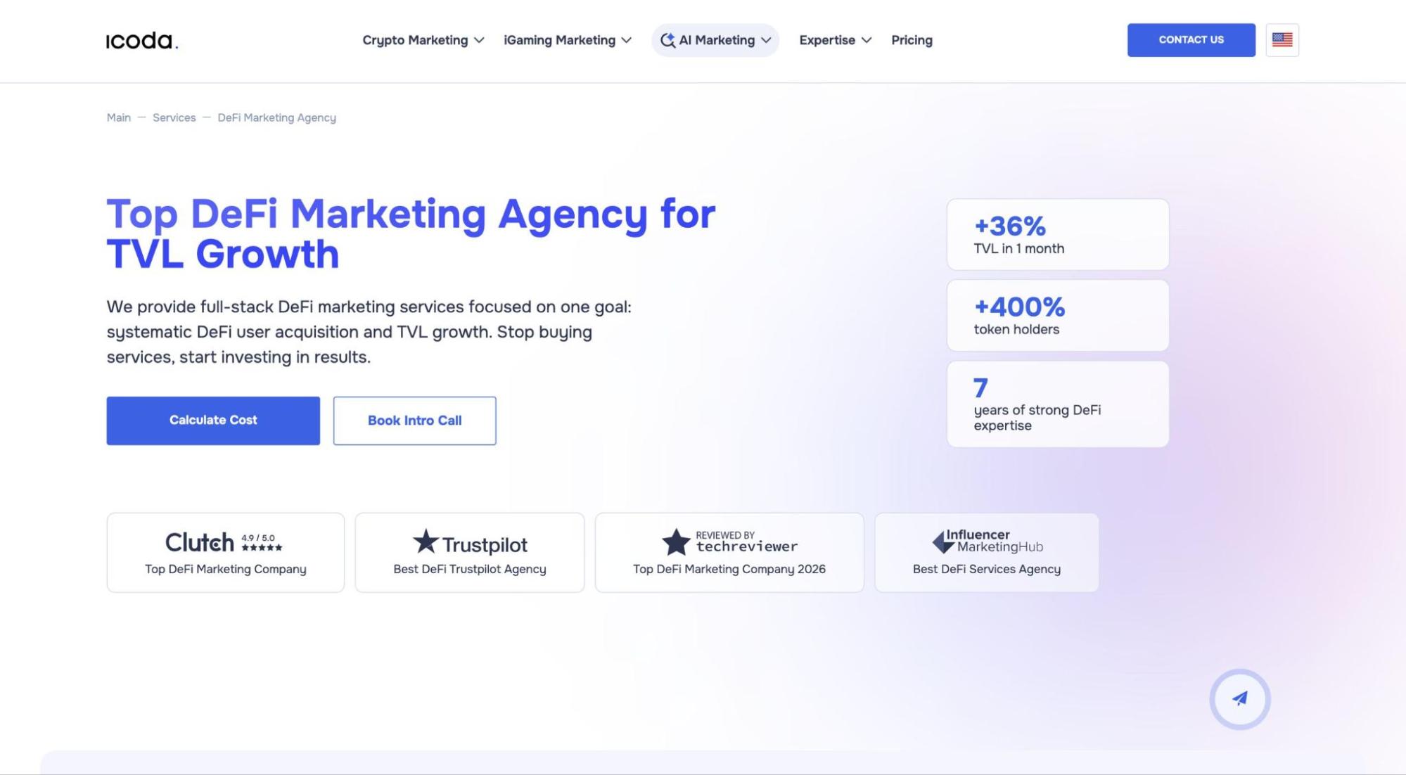 ICODA DeFi marketing agency homepage showing Top DeFi Marketing Agency for TVL Growth headline with +36% TVL in 1 month, +400% token holders, and 7 years of DeFi expertise metrics.