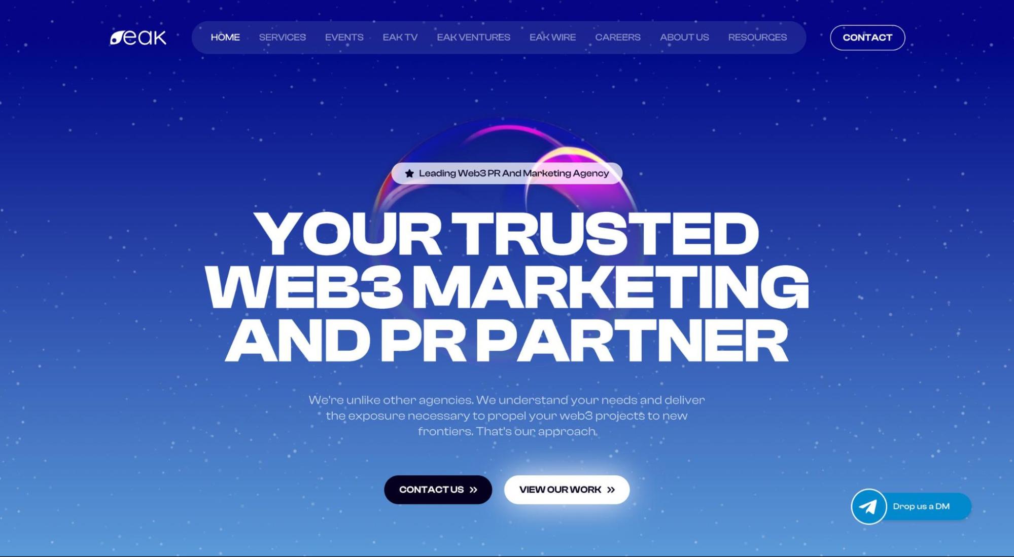 EAK Web3 marketing agency homepage featuring a blue gradient hero section, navigation menu, and headline describing blockchain PR, crypto marketing, and Web3 growth services.