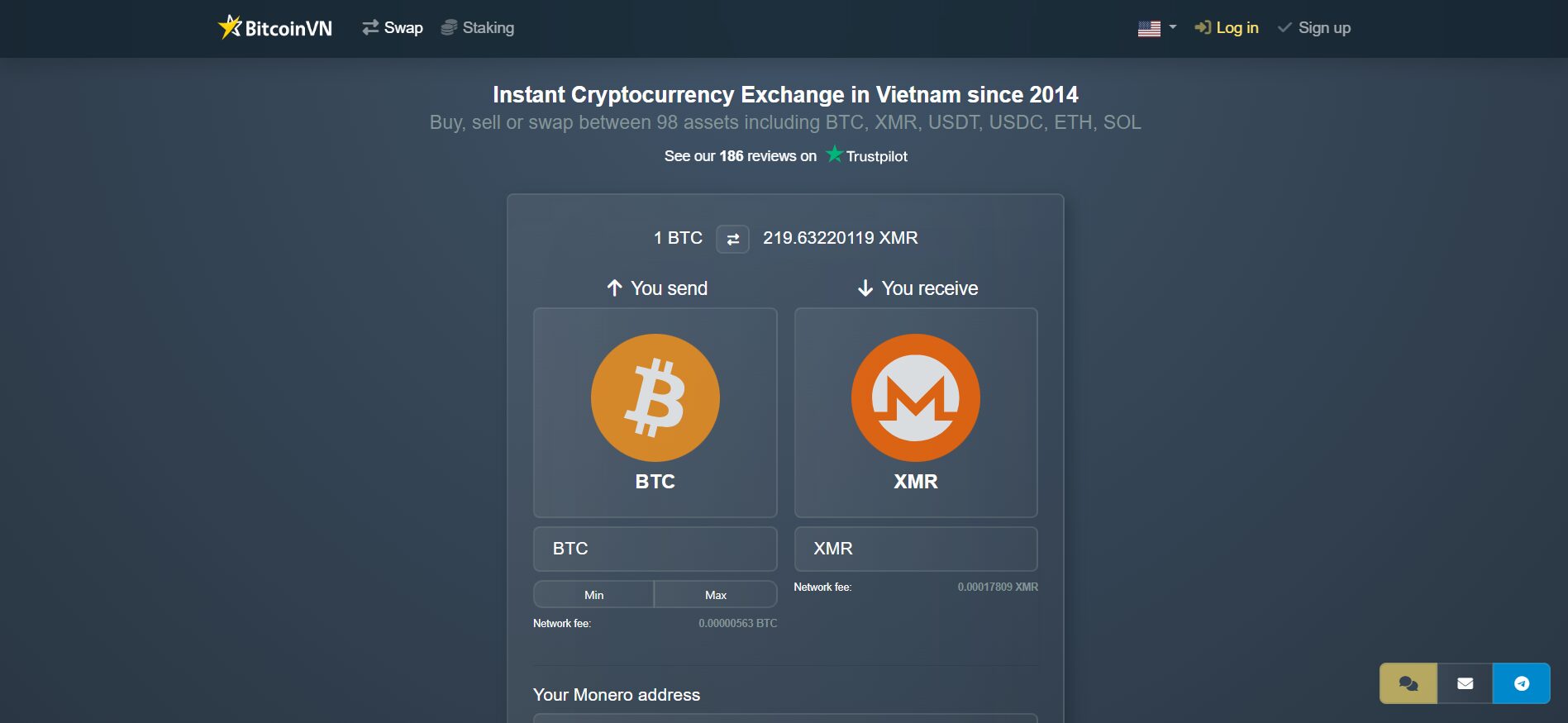 BitcoinVN no-KYC crypto exchange showing BTC to XMR instant swap interface with live rate and network fees, operating since 2014.