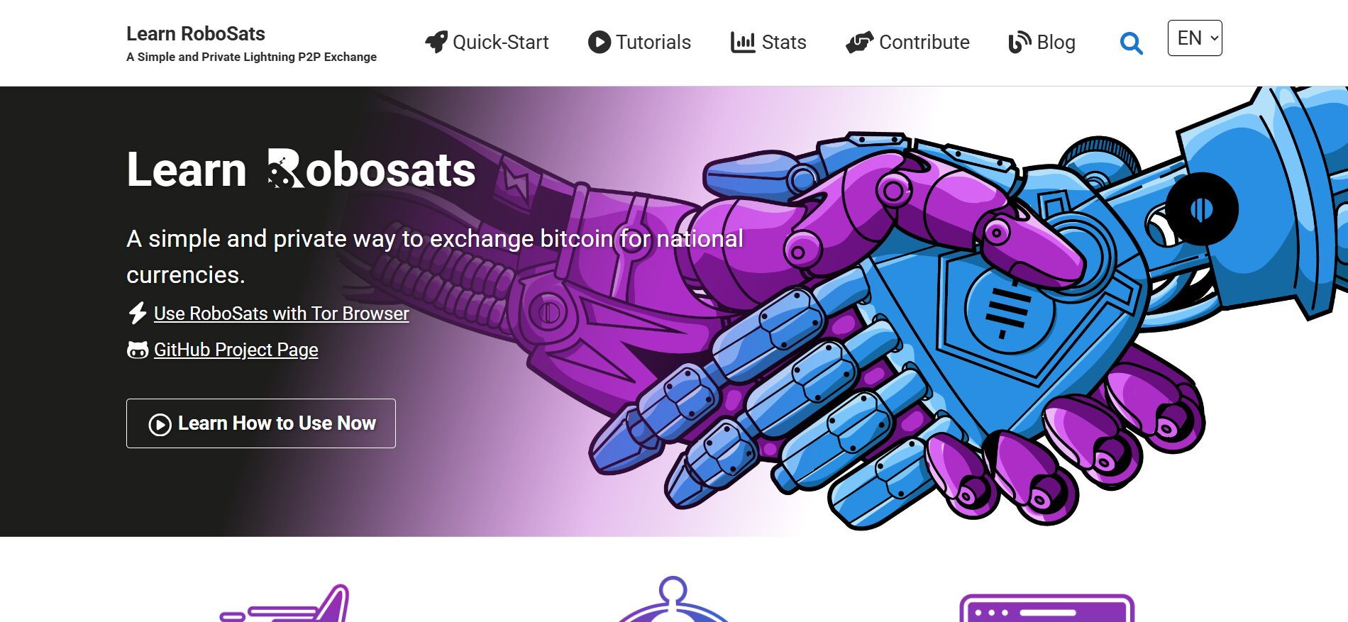 RoboSats private Lightning P2P exchange homepage — anonymous Bitcoin-to-fiat trading with disposable robot identities, no KYC.