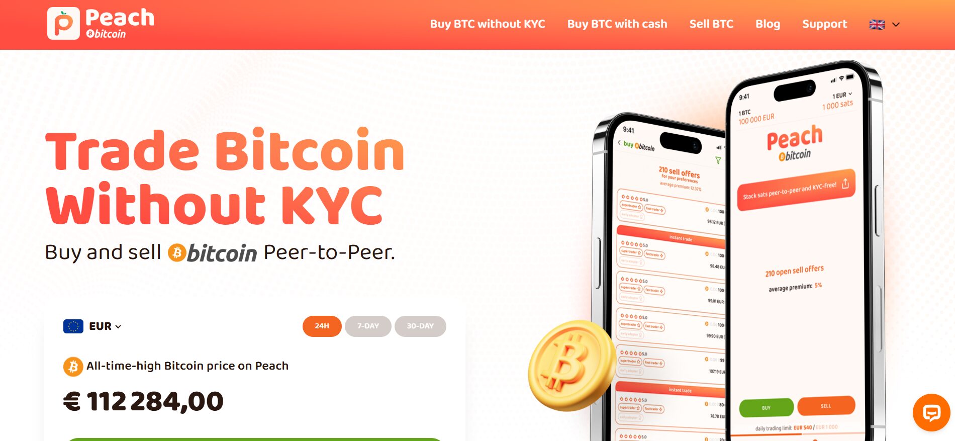 Peach Bitcoin mobile app — trade Bitcoin without KYC peer-to-peer, showing open sell offers and EUR daily trading limit interface.