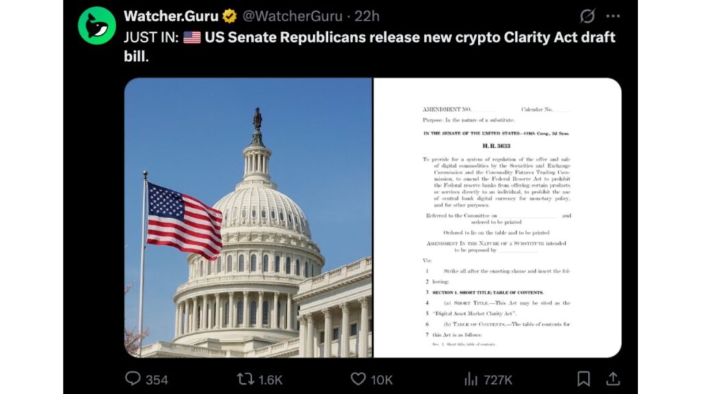 US Senate Republicans released new crypto Clarity Act draft bill