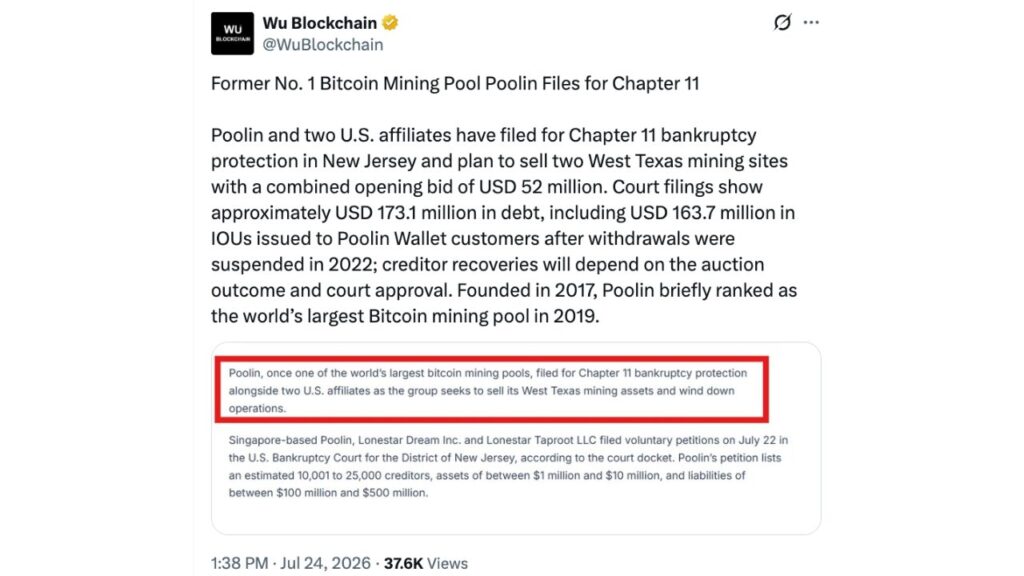 Bitcoin Mining Pool Poolin Files for Bankruptcy With $173M Debt