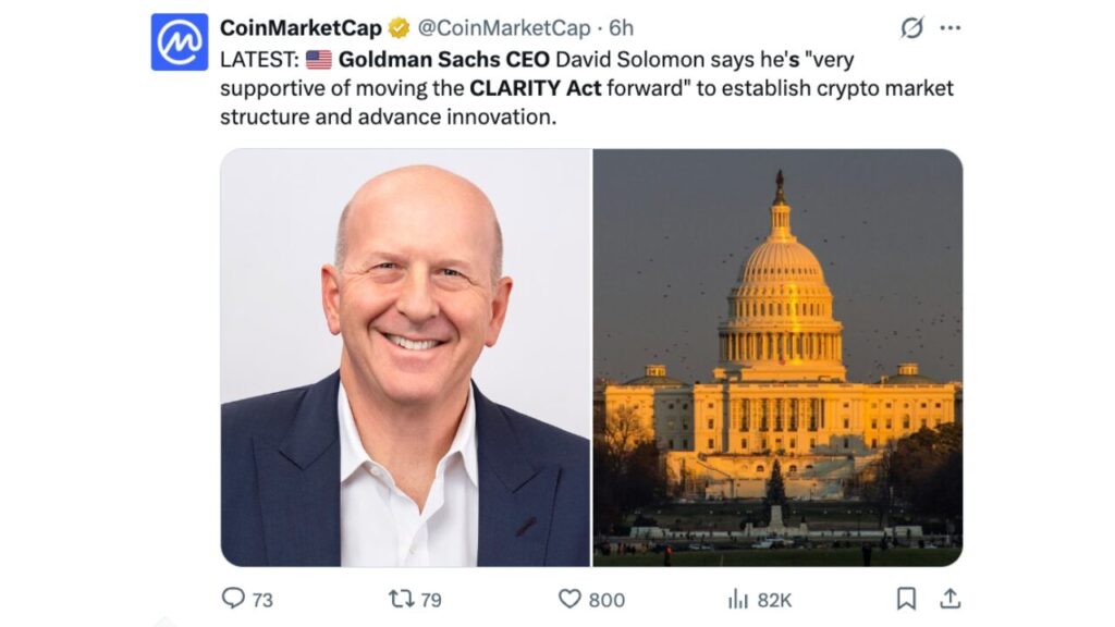 Goldman Sachs CEO Breaks With Wall Street to Back Crypto Clarity Act