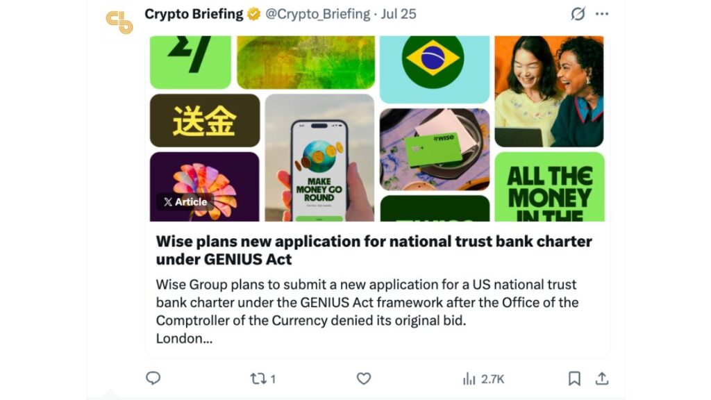 Wise plans to resubmit national trust bank application under GENIUS Act framework