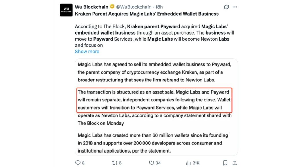 Kraken Parent Payward Acquires Magic Labs Wallet Business Powering 60 Million Users