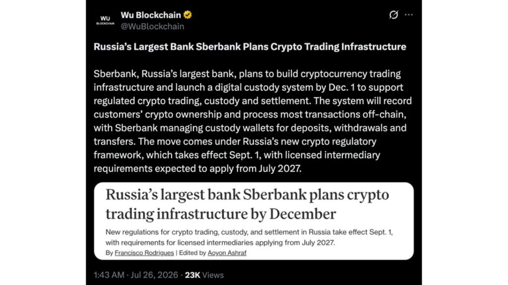 Russia’s largest bank Sberbank plans crypto trading infrastructure by December