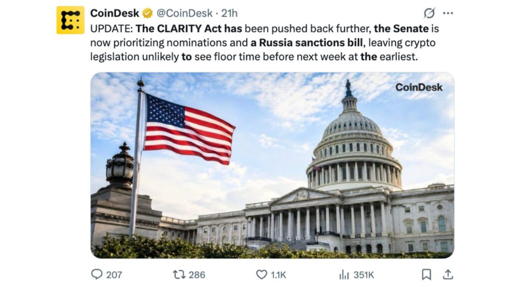 Senate Shelves CLARITY Act as Russia Sanctions Bill Takes Priority