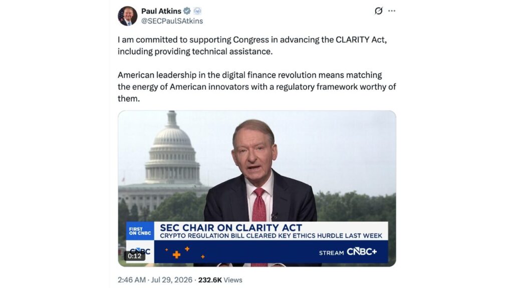 SEC Ready to Provide Crypto Rules if Clarity Act Flounders: Chair Atkins (Source: X)