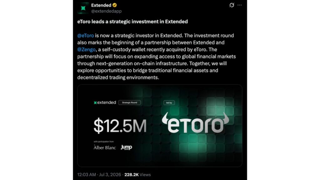 eToro leads $12.5 Million Round In Onchain Perps Exchange Extended