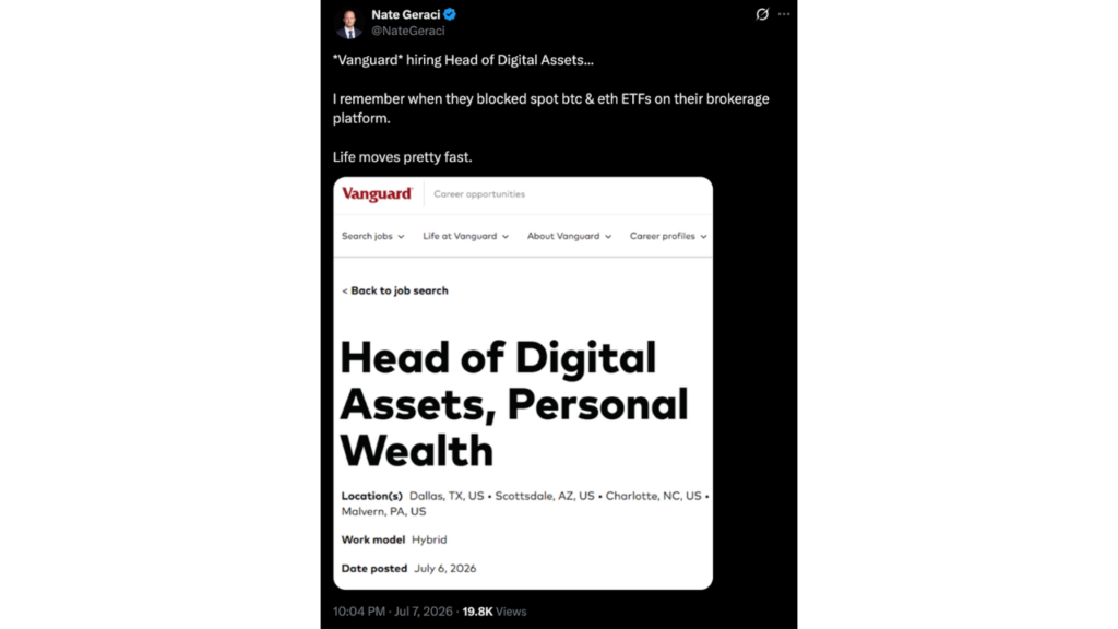 Vanguard Seeks Digital Assets Chief After Years of Crypto Caution