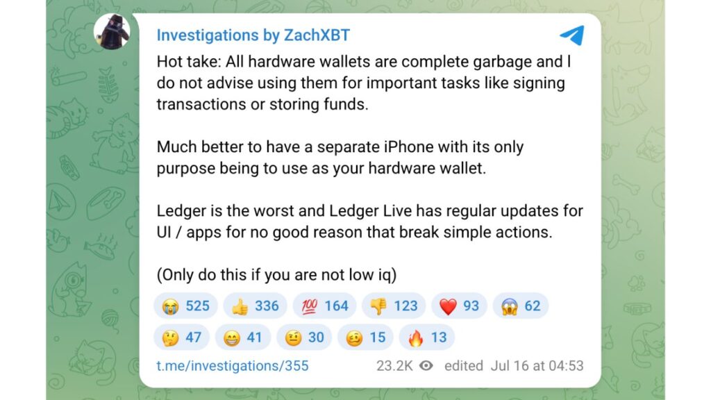 ZachXBT Calls Hardware Wallets “Complete Garbage”
