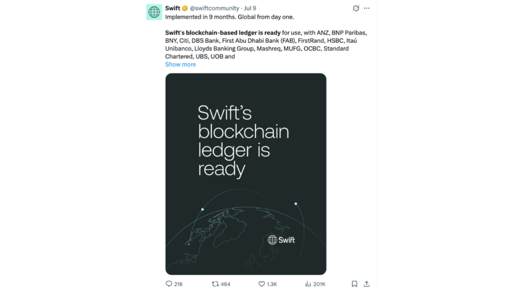 Swift's blockchain-based ledger is ready for use
