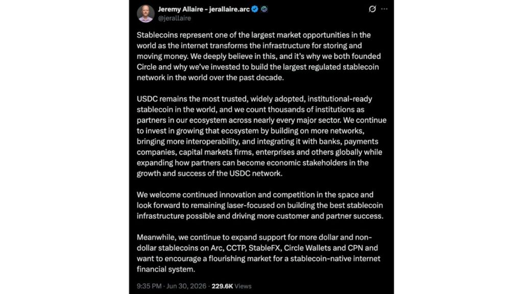 Circle CEO Jeremy Allaire quickly responded to the news of Open Standard's OUSD stablecoin launch. (Source: X)