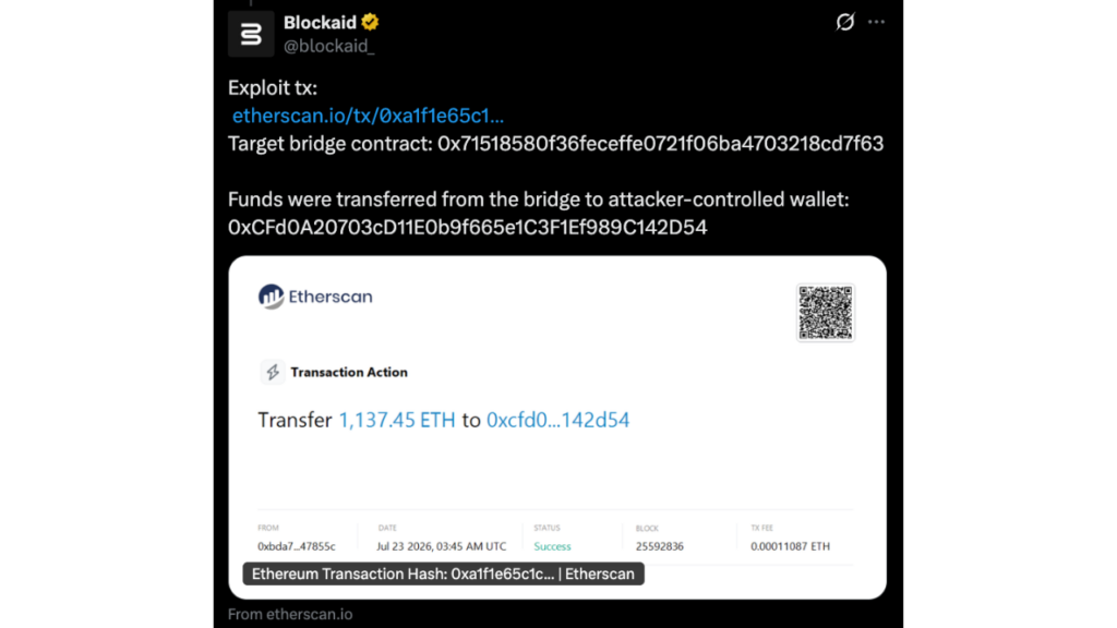 Blockaid detected a @VerusCoin Ethereum Bridge exploit on Ethereum (Source: Etherscan)