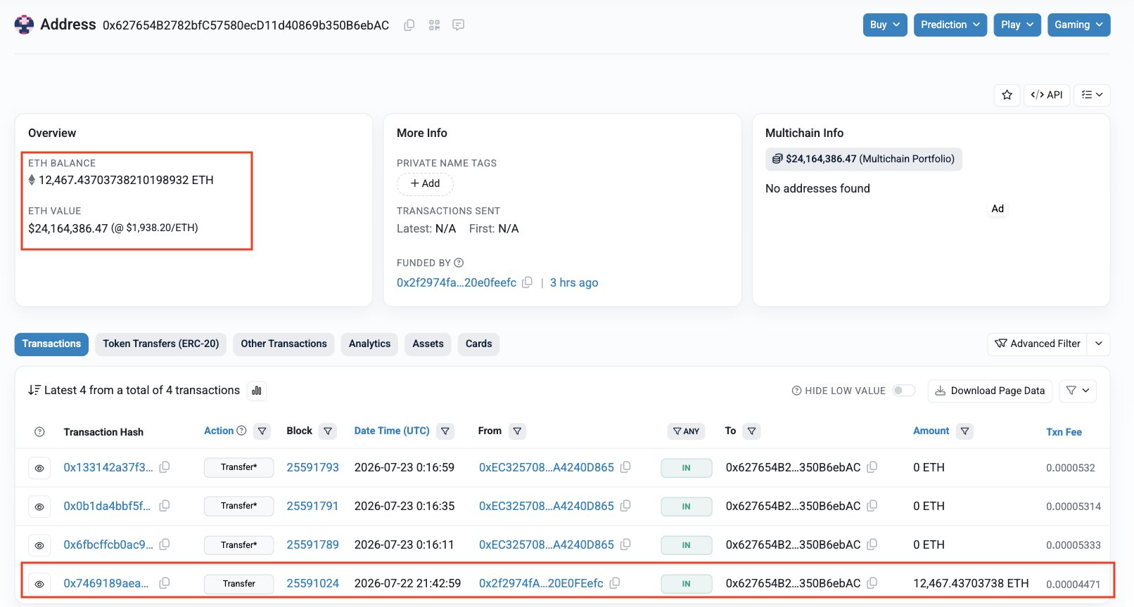 Attacker wallet holding swapped ETH