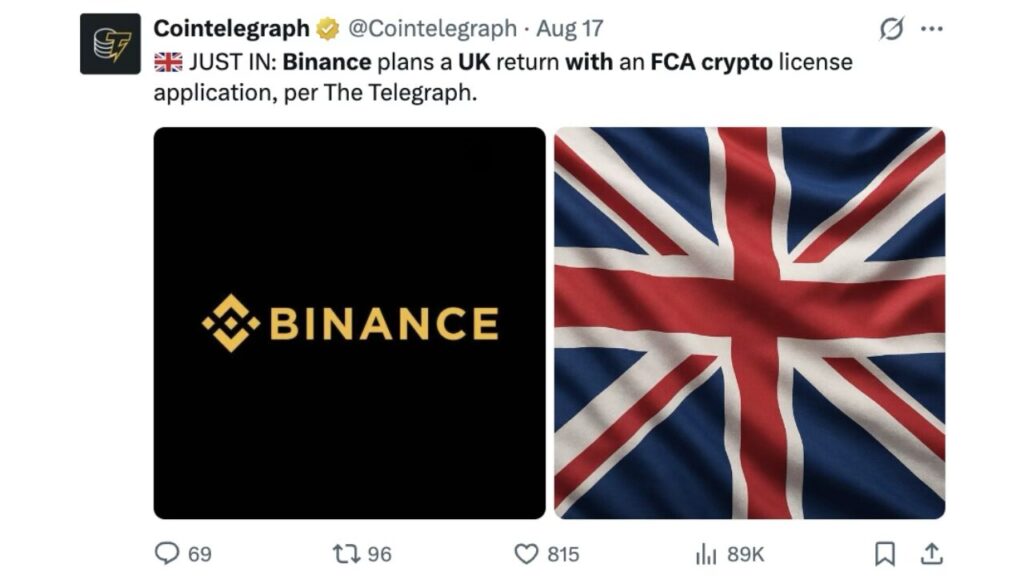 Binance Seeks UK Comeback With FCA Crypto Licence