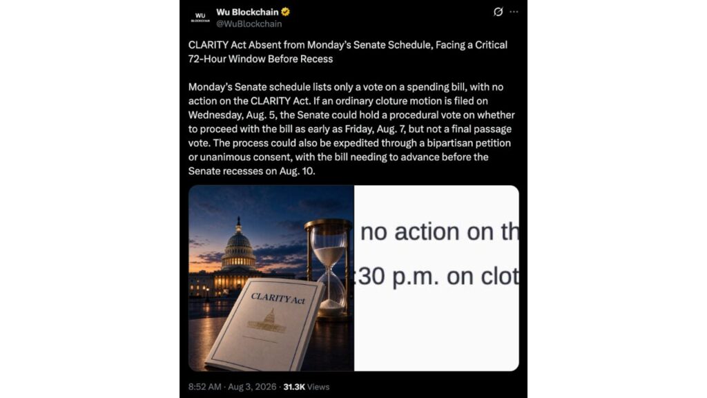 CLARITY Act Absent from Monday’s Senate Schedule