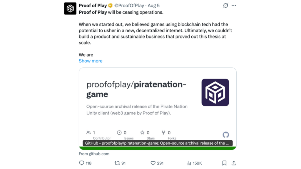 Proof of Play Shuts Down Despite a16z Backing (Source: X)